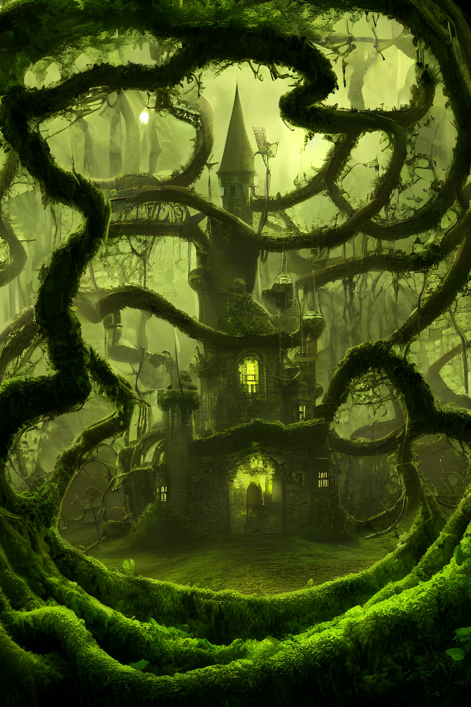 fantasy castle made of trees and vines, covered in moss, digital art
